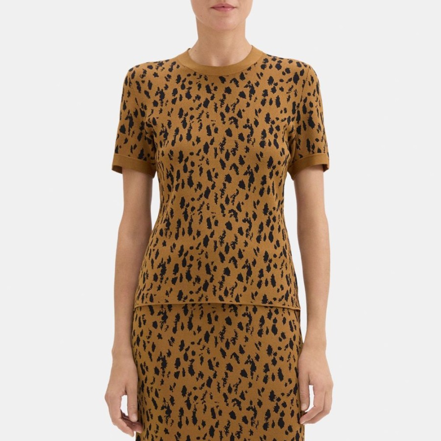 Women Theory Outlet | Jacquard Short Sleeve Sweater In Compact Stretch Knit Camel/Black