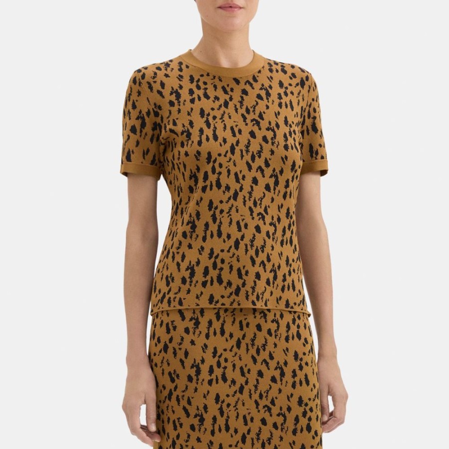 Women Theory Outlet | Jacquard Short Sleeve Sweater In Compact Stretch Knit Camel/Black