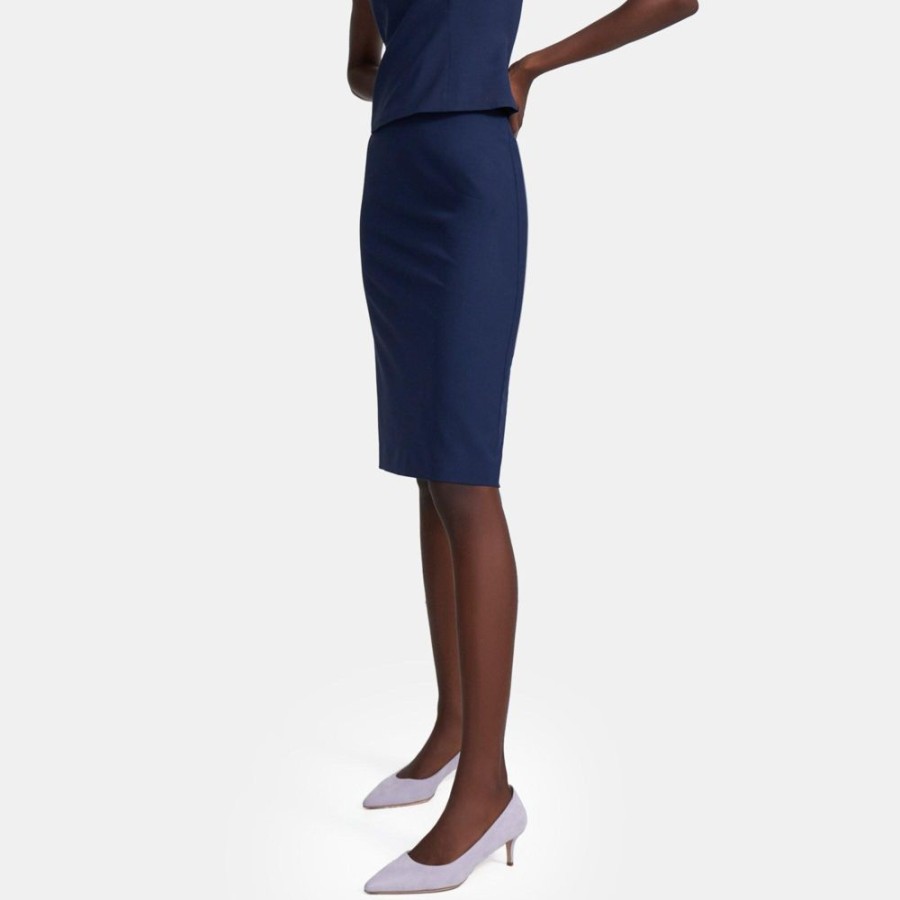 Women Theory Outlet | Pencil Skirt In Stretch Wool Sea Blue