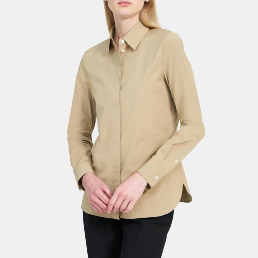 Women Theory Outlet | Fitted Shirt In Stretch Cotton Taupe