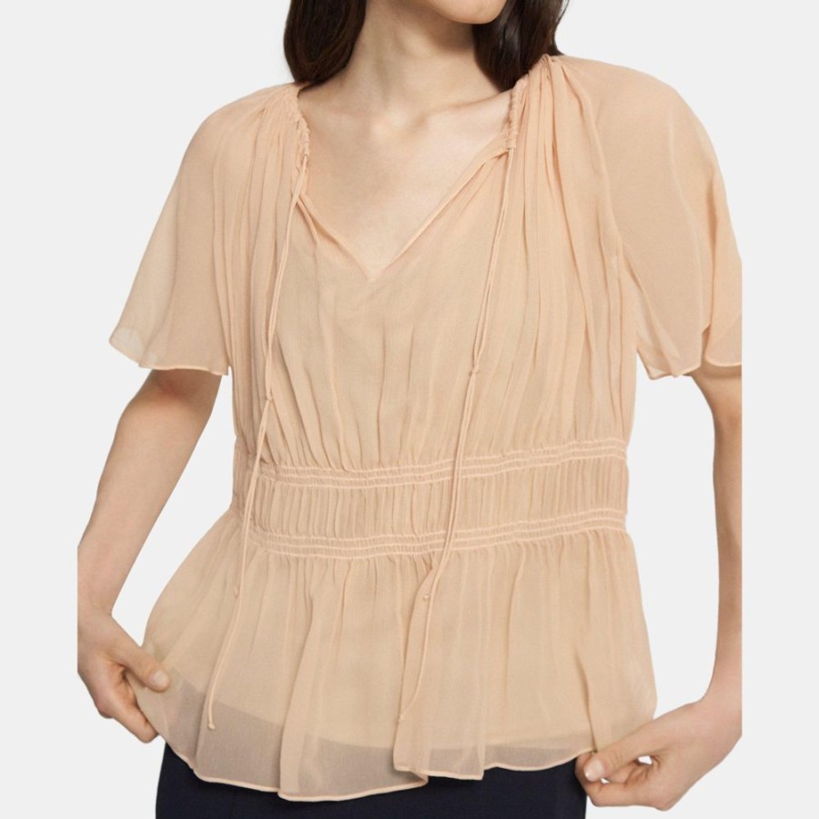 Women Theory Outlet | Tie Neck Top In Crinkled Silk Chiffon Shell