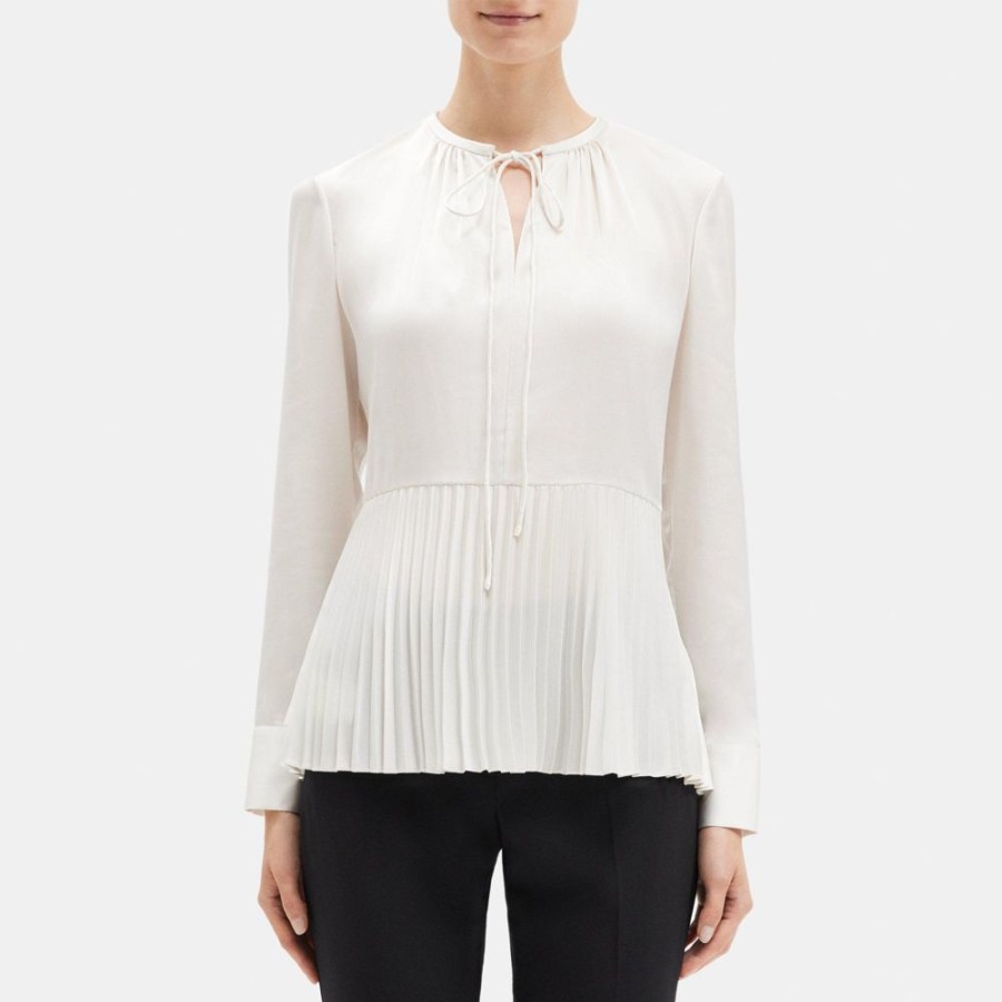 Women Theory Outlet | Pleated Tie-Neck Blouse In Recycled Satin Ivory