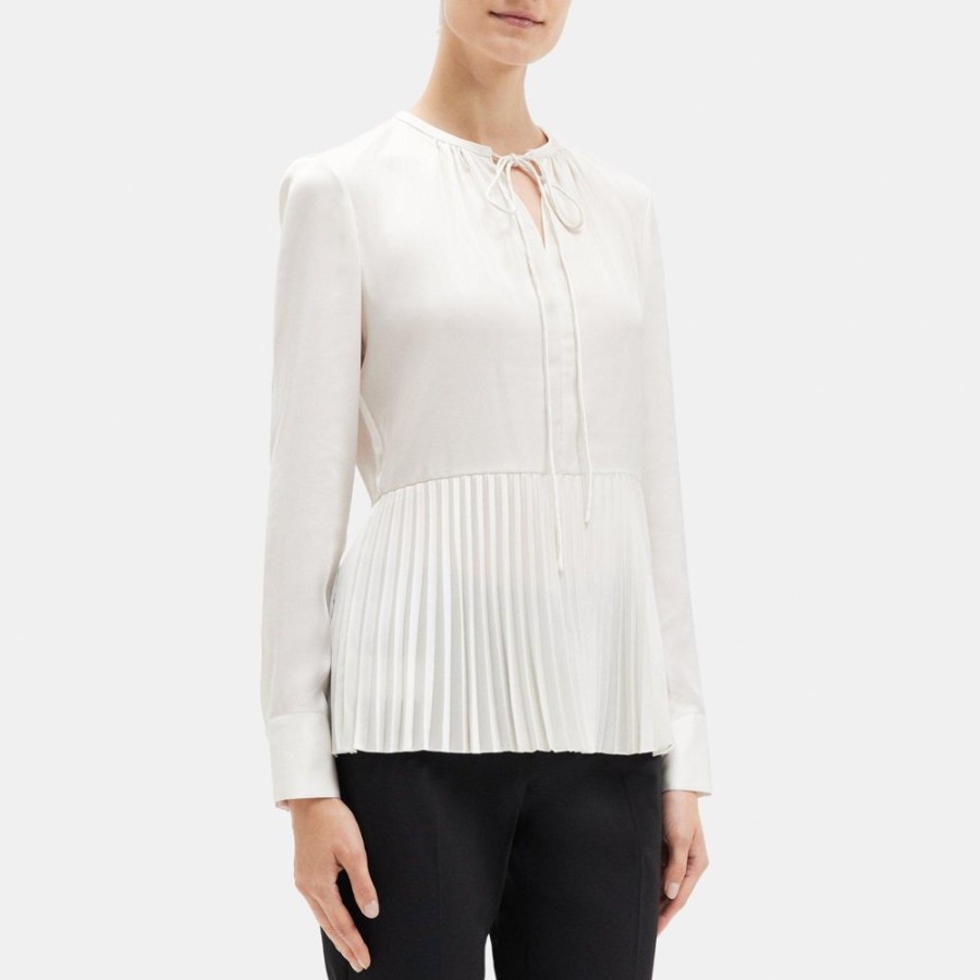 Women Theory Outlet | Pleated Tie-Neck Blouse In Recycled Satin Ivory