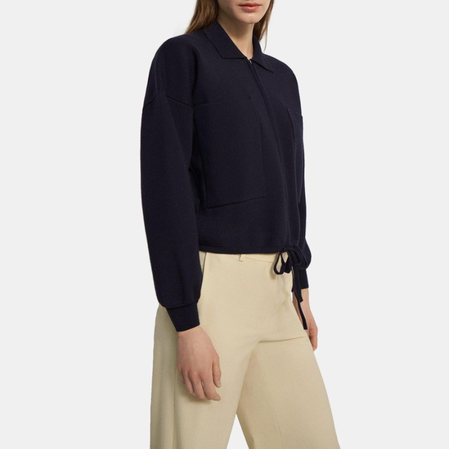 Women Theory Outlet | Cropped Zip Jacket In Fine Merino Wool Inkwell