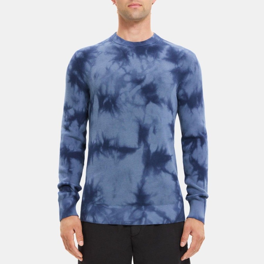 Men Theory Outlet | Ribbed Crewneck Sweater In Tie-Dyed Cotton Sargasso/Baltic