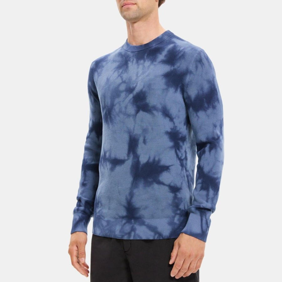 Men Theory Outlet | Ribbed Crewneck Sweater In Tie-Dyed Cotton Sargasso/Baltic