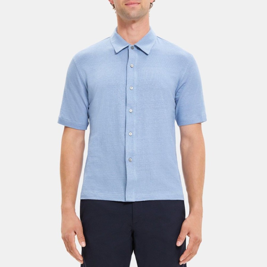 Men Theory Outlet | Short-Sleeve Polo In Linen Jersey Heron