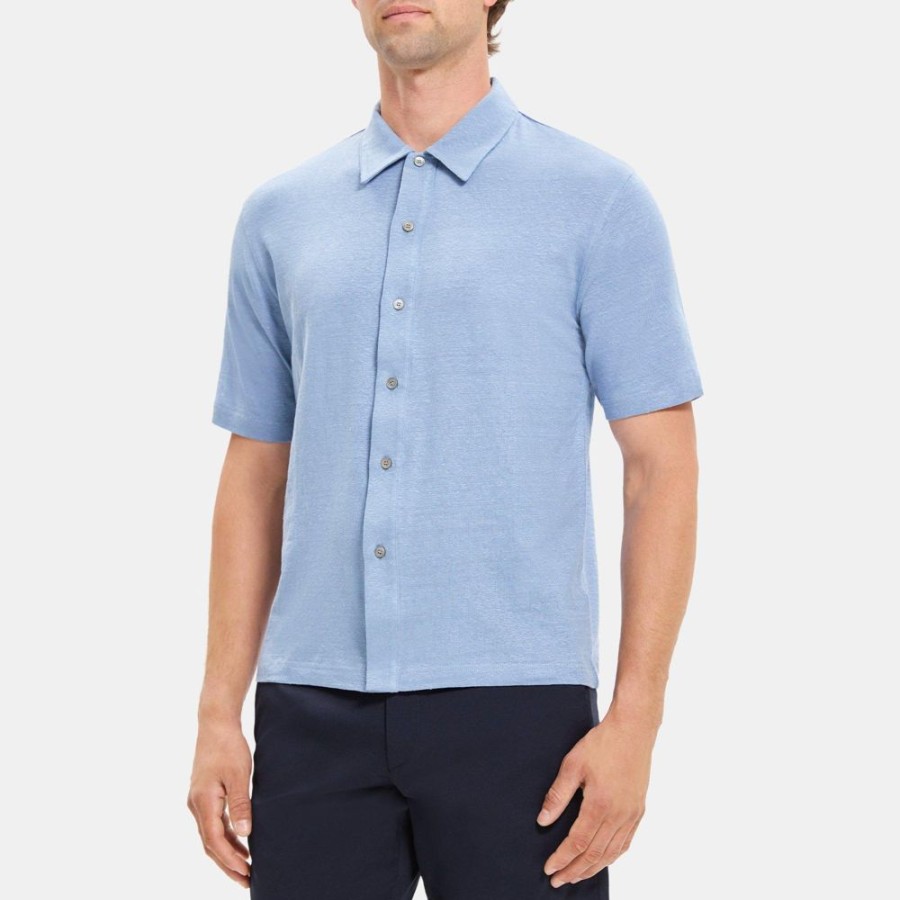 Men Theory Outlet | Short-Sleeve Polo In Linen Jersey Heron