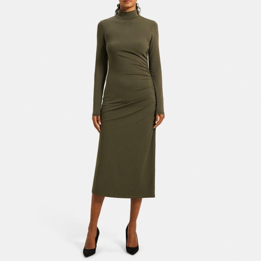 Women Theory Outlet | Ruched Turtleneck Dress In Pima Cotton Jersey Dark Rosemary