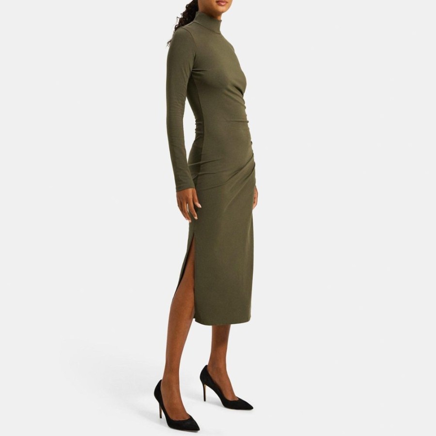 Women Theory Outlet | Ruched Turtleneck Dress In Pima Cotton Jersey Dark Rosemary