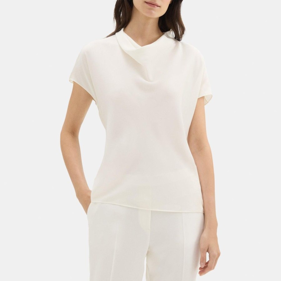 Women Theory Outlet | Short-Sleeve Cowl Top In Silk Georgette Ivory