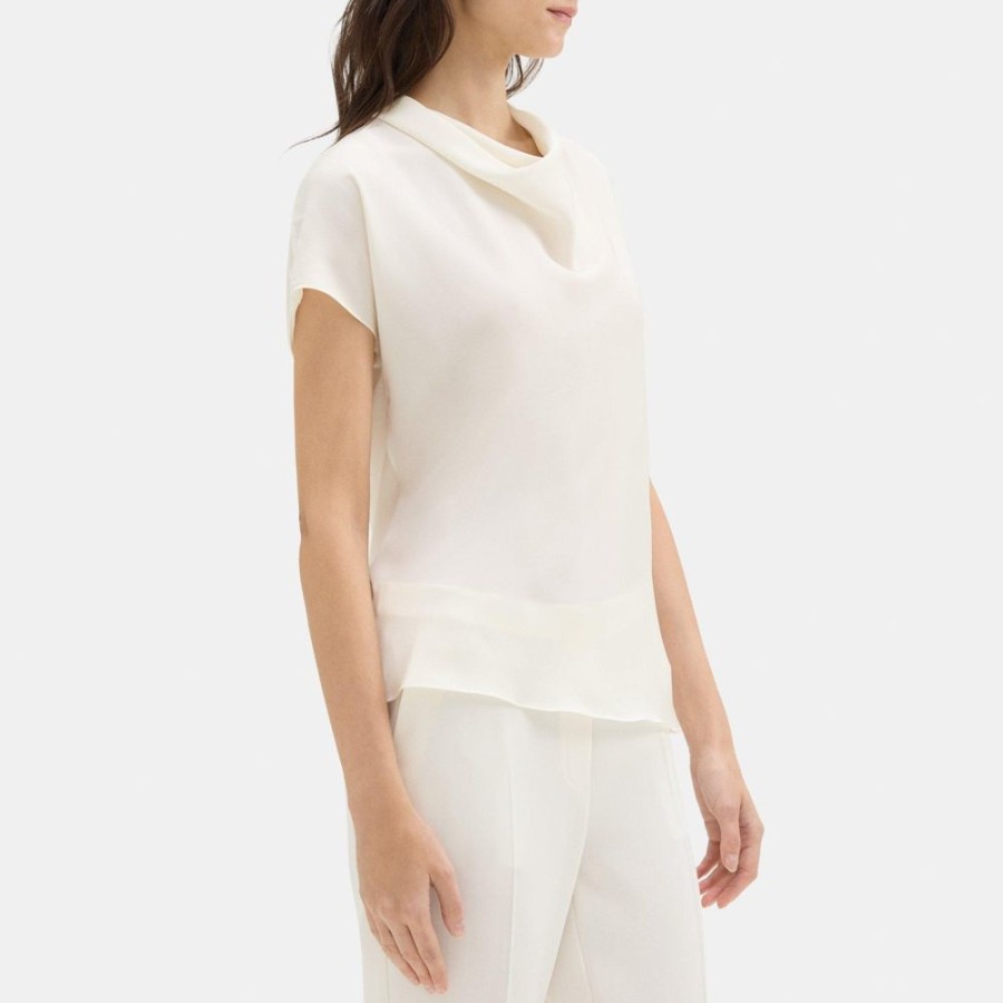 Women Theory Outlet | Short-Sleeve Cowl Top In Silk Georgette Ivory