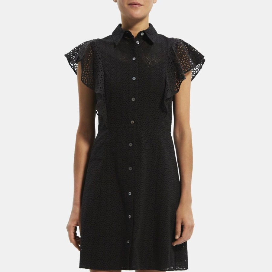 Women Theory Outlet | Ruffled Shirt Dress In Cotton Eyelet Black