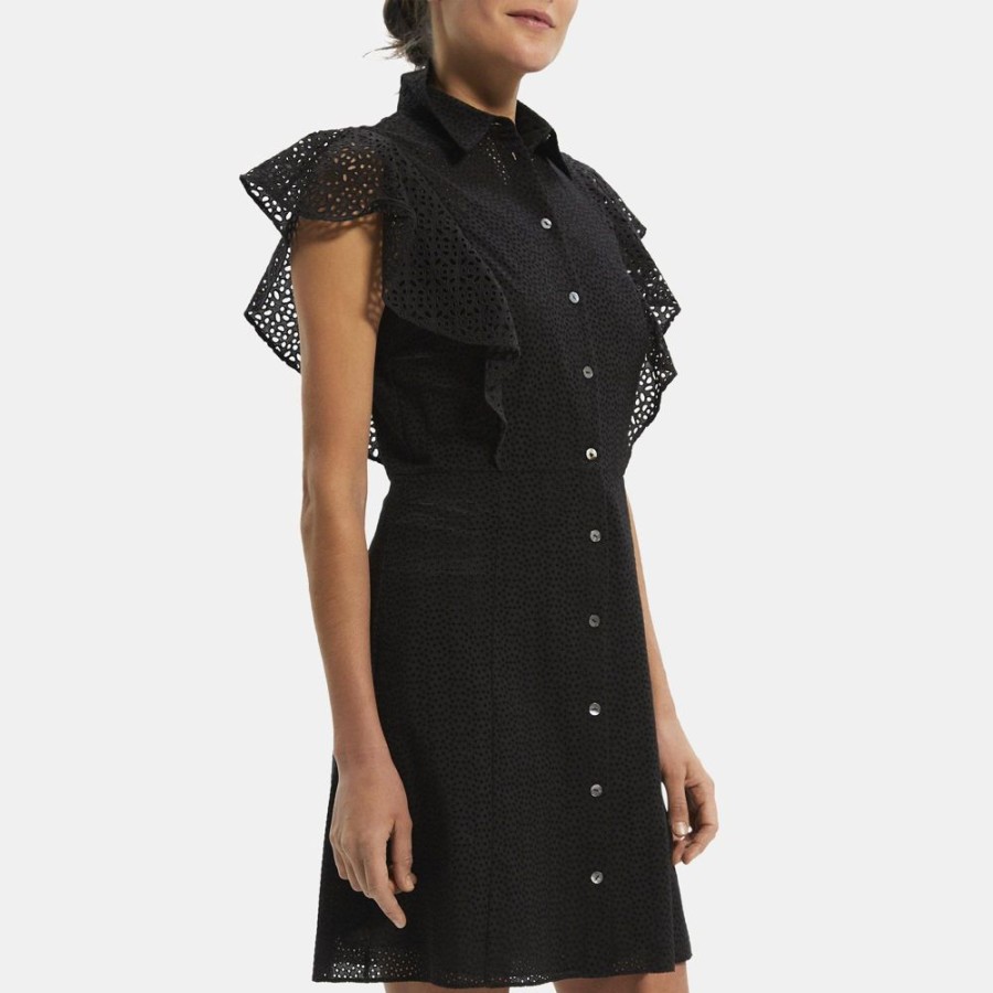 Women Theory Outlet | Ruffled Shirt Dress In Cotton Eyelet Black