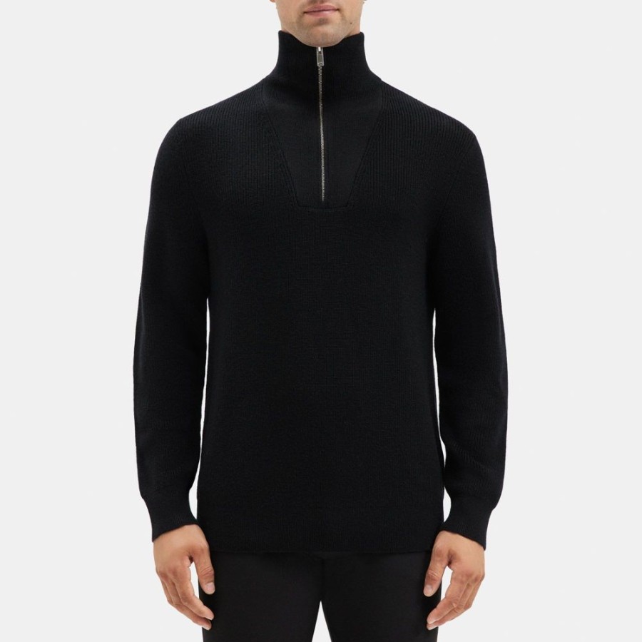 Men Theory Outlet | Quarter-Zip Mock Neck Sweater In Merino Wool Black/Dark Grey Heather