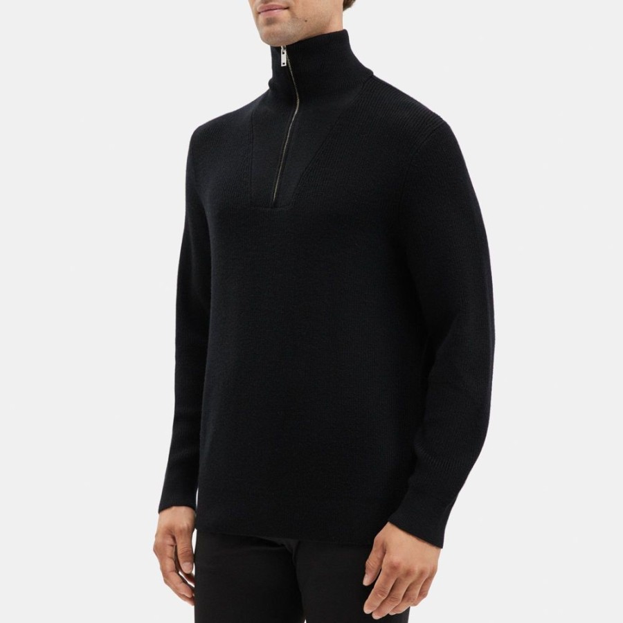 Men Theory Outlet | Quarter-Zip Mock Neck Sweater In Merino Wool Black/Dark Grey Heather