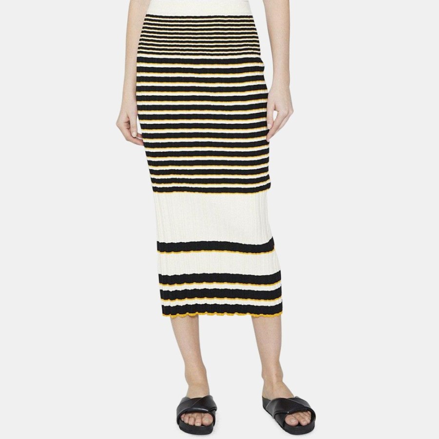 Women Theory Outlet | Striped Midi Skirt In Cotton Blend Rib Knit Soap/Black/Amber