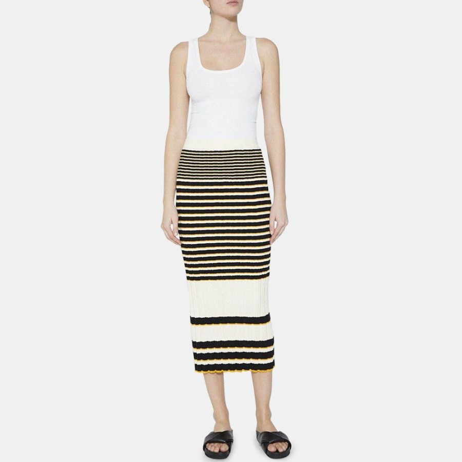 Women Theory Outlet | Striped Midi Skirt In Cotton Blend Rib Knit Soap/Black/Amber