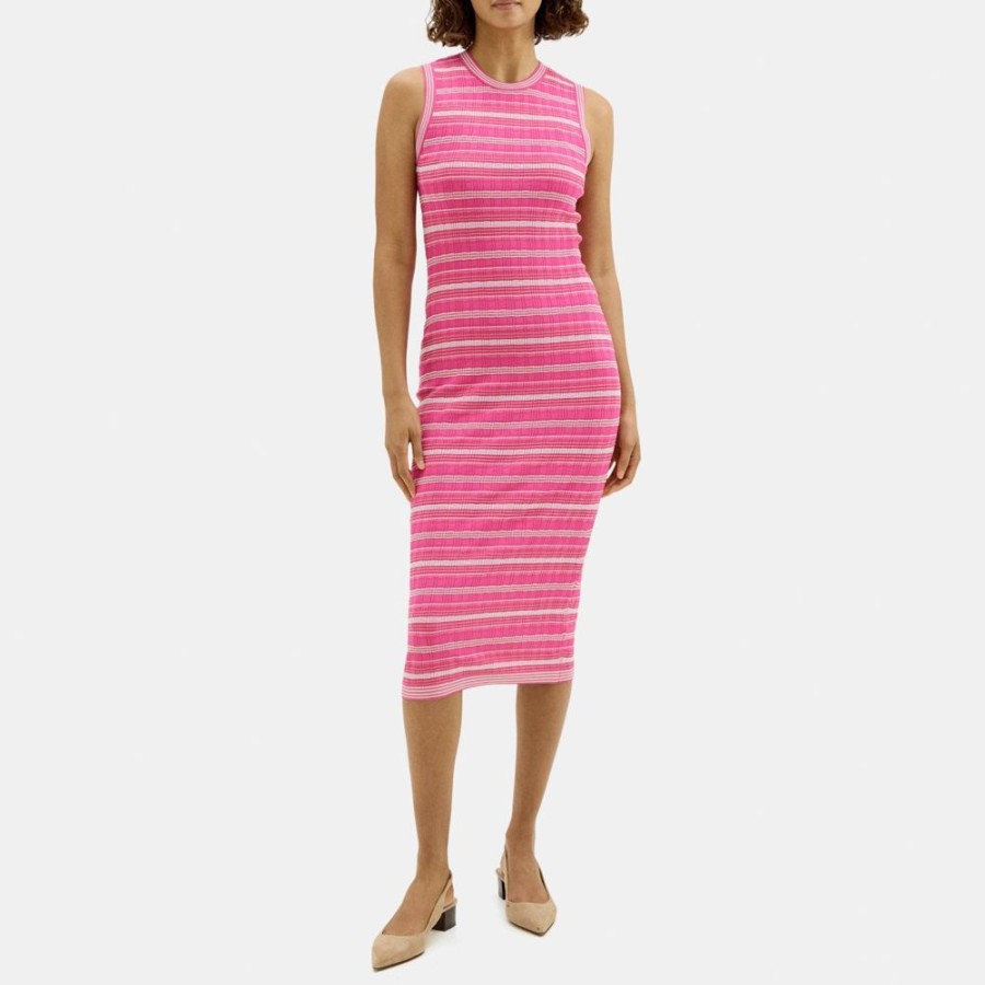 Women Theory Outlet | Striped Midi Dress In Crepe Knit Carnation Multi