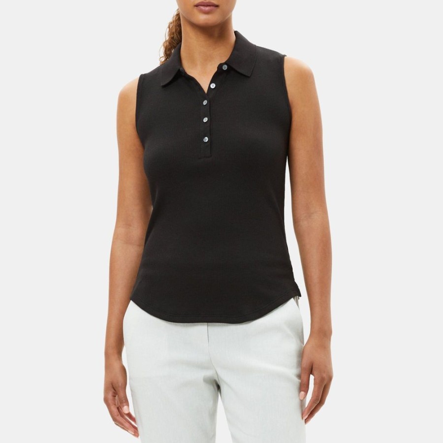 Women Theory Outlet | Sleeveless Polo In Ribbed Modal Cotton Black