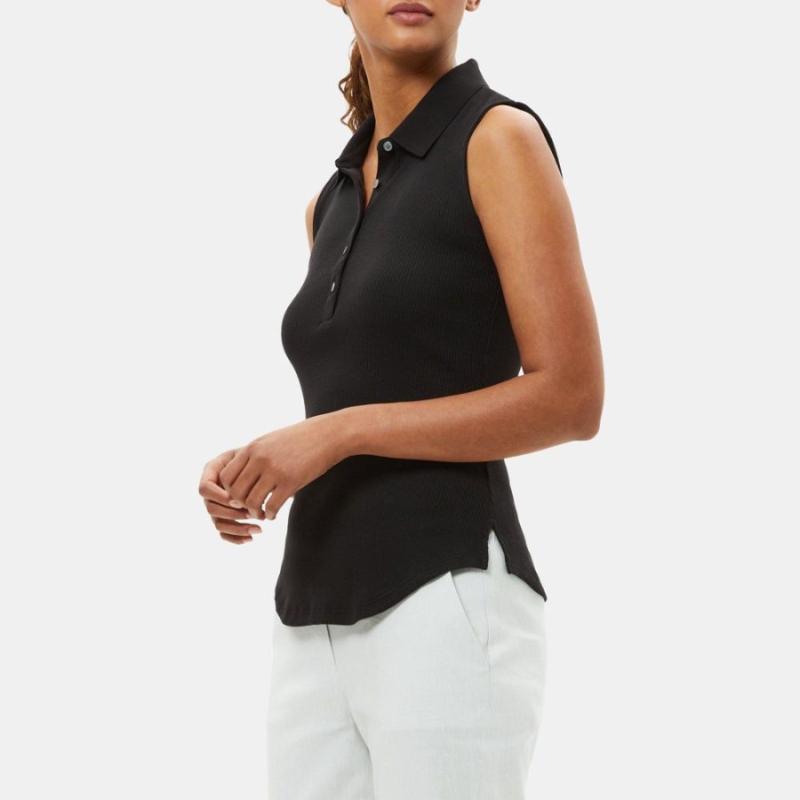 Women Theory Outlet | Sleeveless Polo In Ribbed Modal Cotton Black