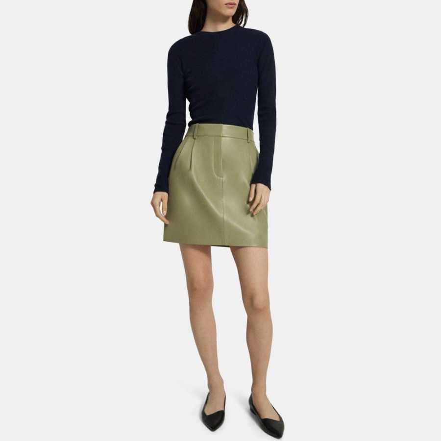 Women Theory Outlet | Pleat Mini Skirt In Leather Soft Sage