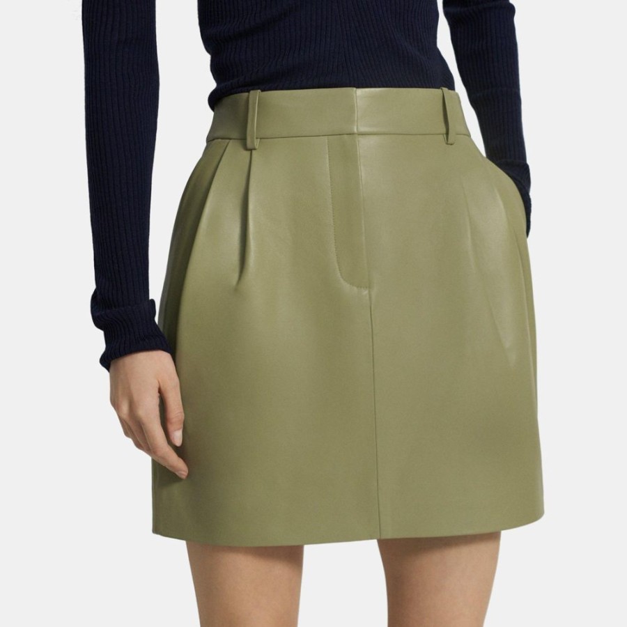 Women Theory Outlet | Pleat Mini Skirt In Leather Soft Sage