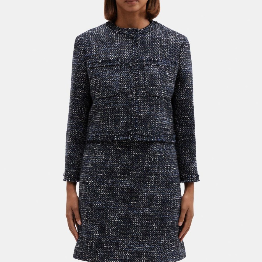 Women Theory Outlet | Cropped Jacket In Wool-Blend Tweed Blue Multi