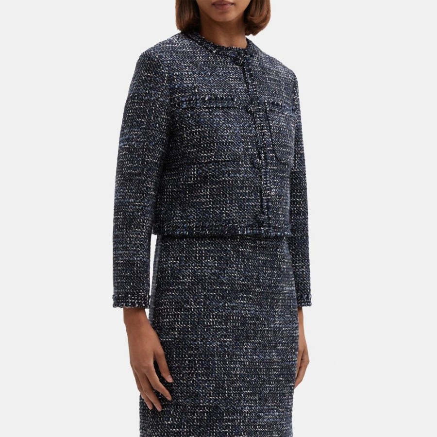 Women Theory Outlet | Cropped Jacket In Wool-Blend Tweed Blue Multi