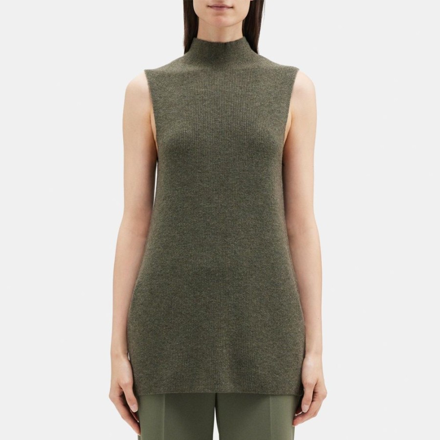 Women Theory Outlet | Sleeveless Mock Neck Sweater In Wool-Cashmere Dark Rosemary Melange