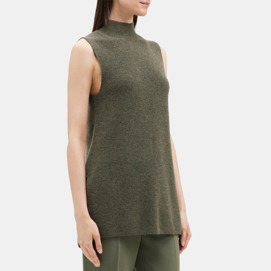 Women Theory Outlet | Sleeveless Mock Neck Sweater In Wool-Cashmere Dark Rosemary Melange