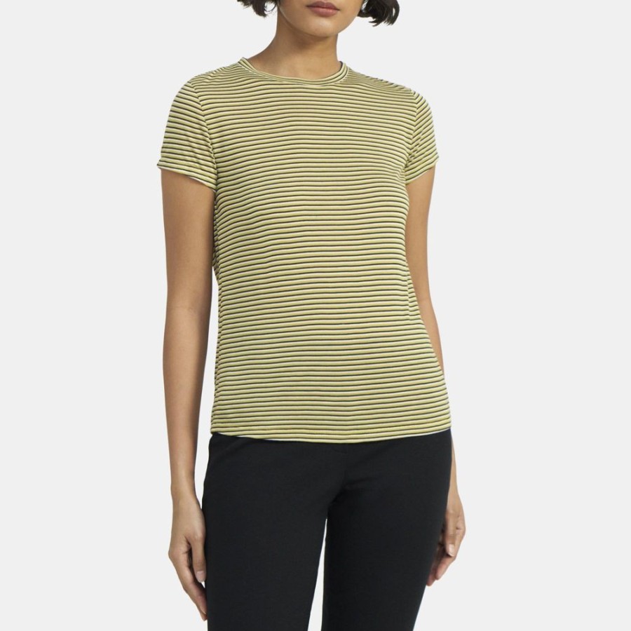 Women Theory Outlet | Tiny Tee In Striped Modal Jersey Bright Lime Multi