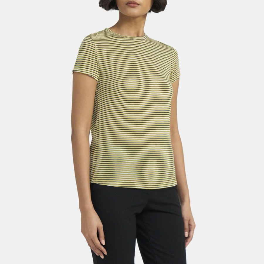 Women Theory Outlet | Tiny Tee In Striped Modal Jersey Bright Lime Multi