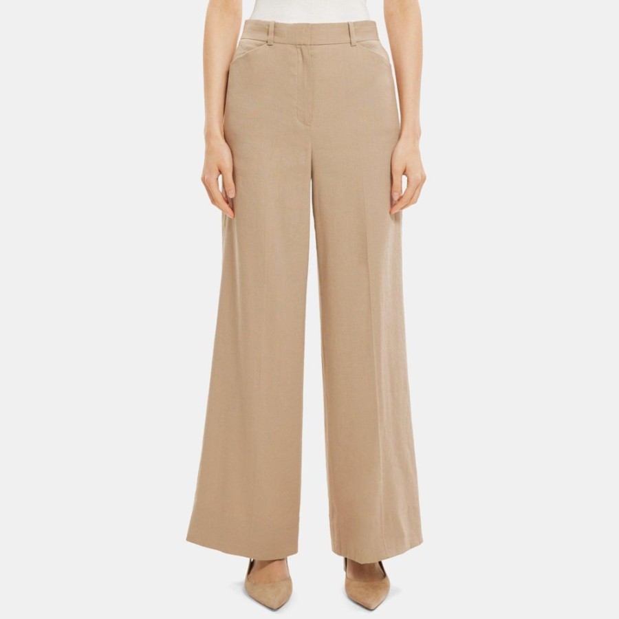 Women Theory Outlet | Wide-Leg Pant In Linen-Blend Taupe