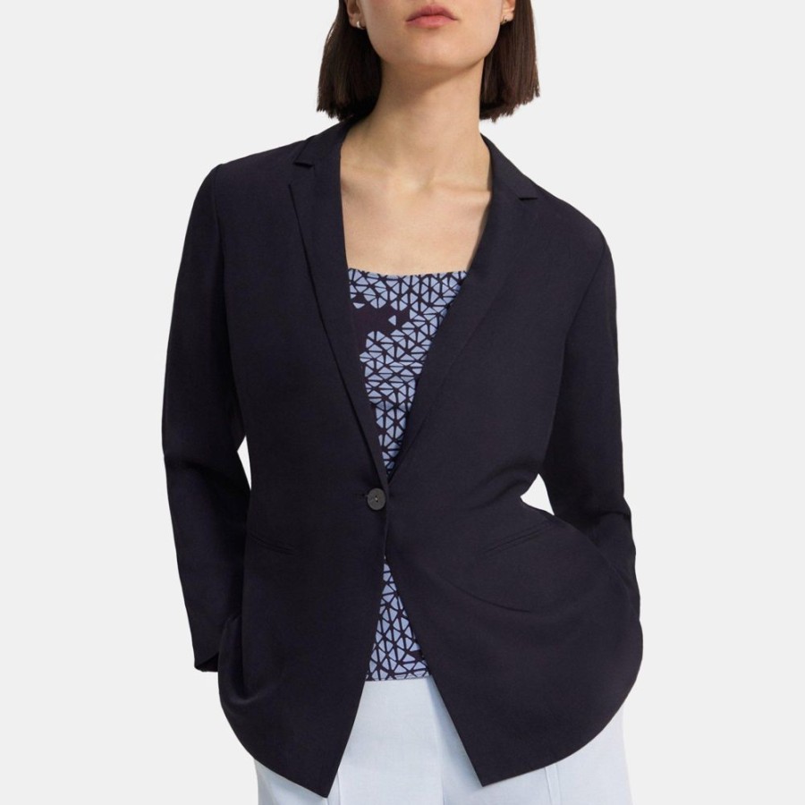 Women Theory Outlet | Belted Blazer In Washed Twill Navy