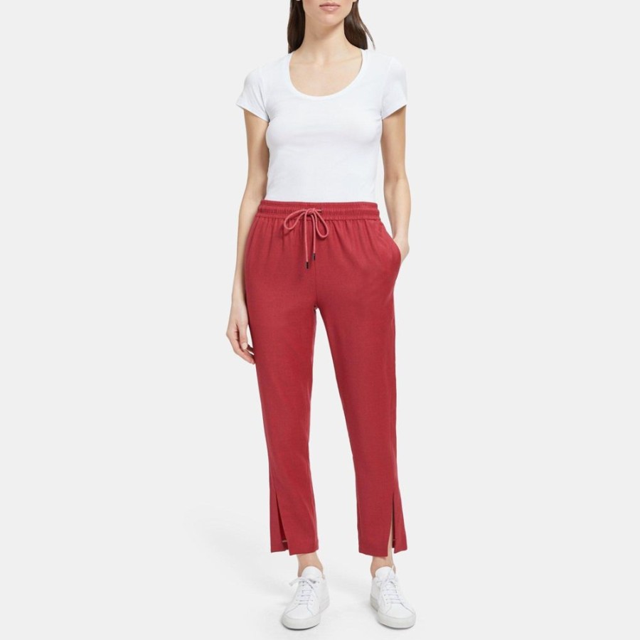 Women Theory Outlet | Slit Hem Pull-On Pant In Wool Flannel Pink Ruby Melange