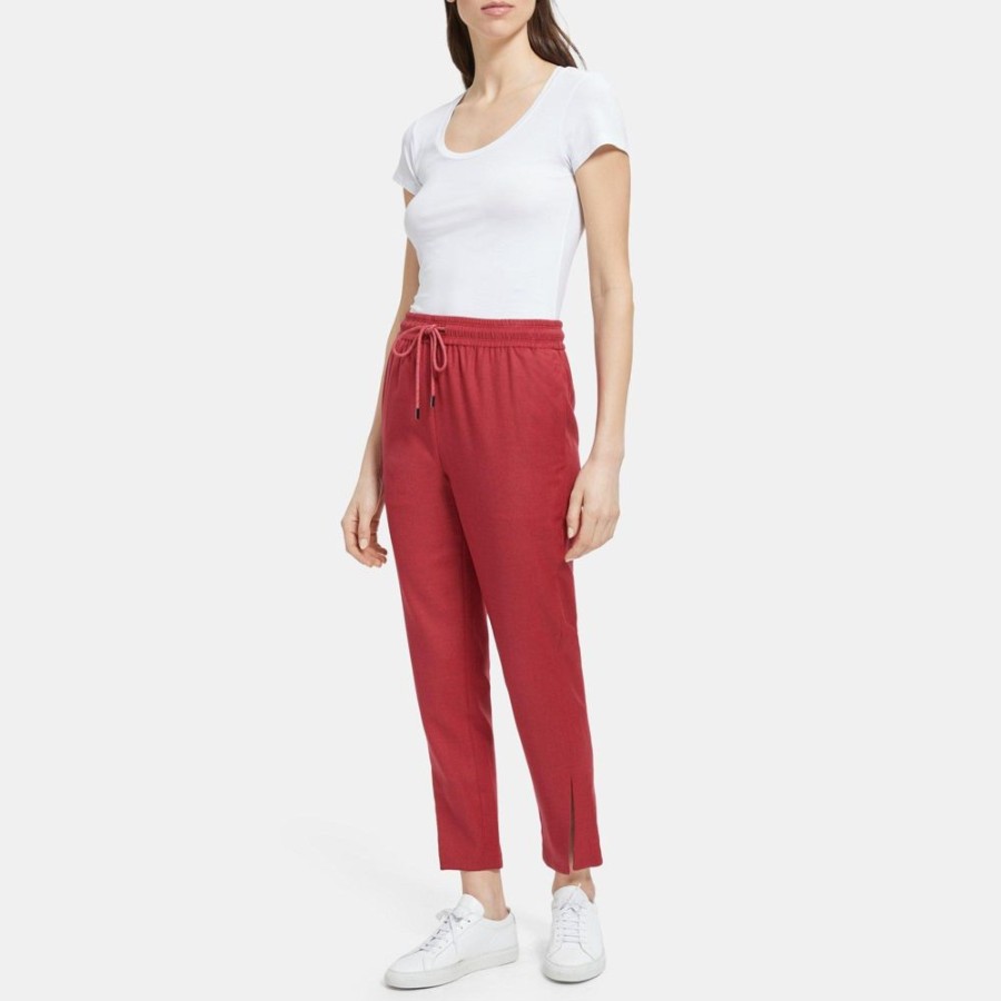 Women Theory Outlet | Slit Hem Pull-On Pant In Wool Flannel Pink Ruby Melange