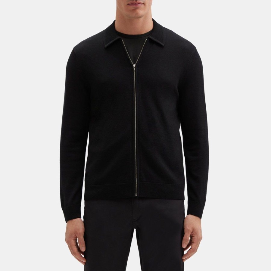 Men Theory Outlet | Zip-Up Sweater Shirt In Merino Wool Black