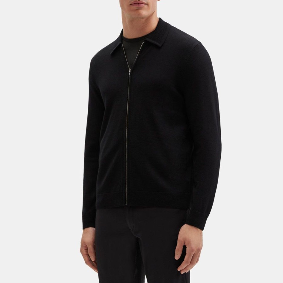 Men Theory Outlet | Zip-Up Sweater Shirt In Merino Wool Black