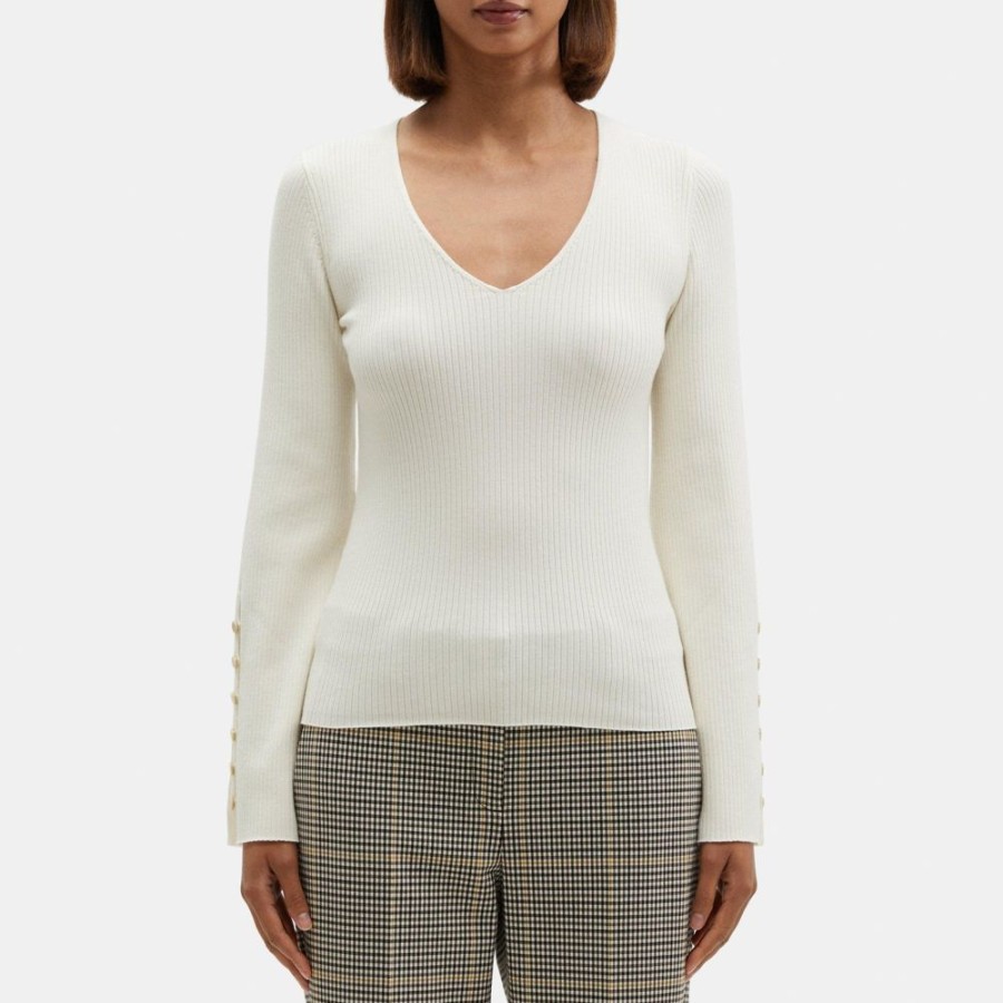 Women Theory Outlet | Flared Sleeve Sweater In Fine Merino Wool Ivory