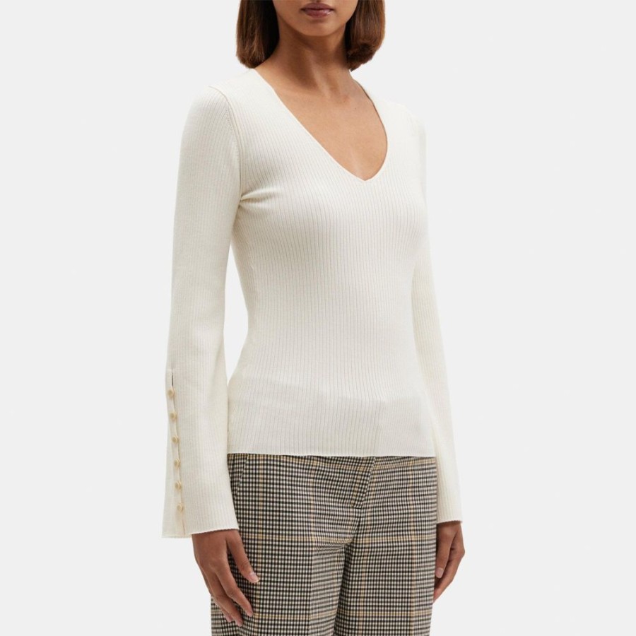 Women Theory Outlet | Flared Sleeve Sweater In Fine Merino Wool Ivory