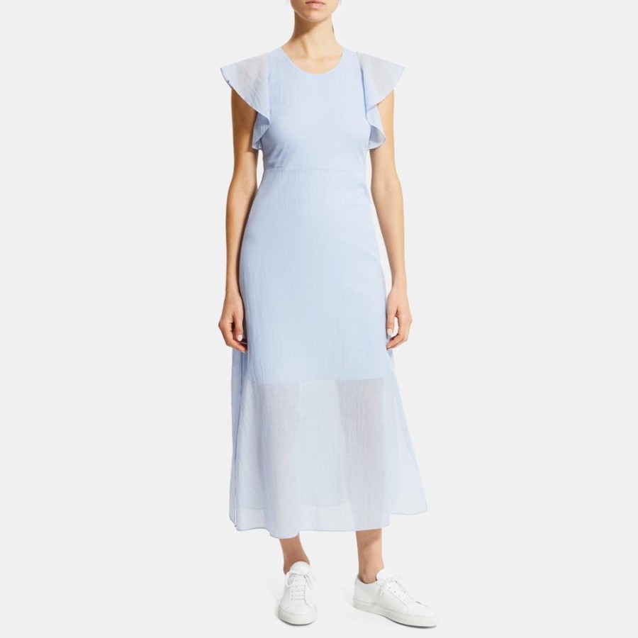 Women Theory Outlet | Ruffle Sleeve Dress In Organic Cotton Baby Blue