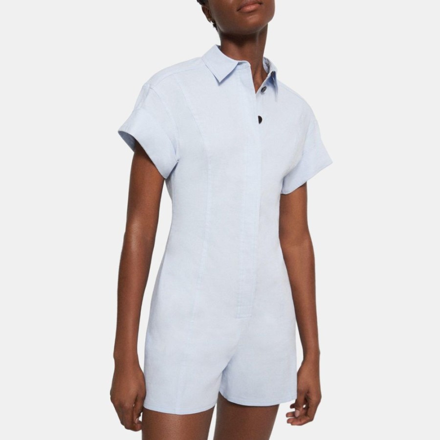 Women Theory Outlet | Shirt Romper In Stretch Linen Breeze