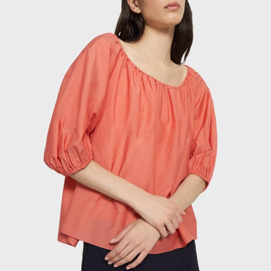 Women Theory Outlet | Scoop Neck Top In Cotton Blend Pink Coral