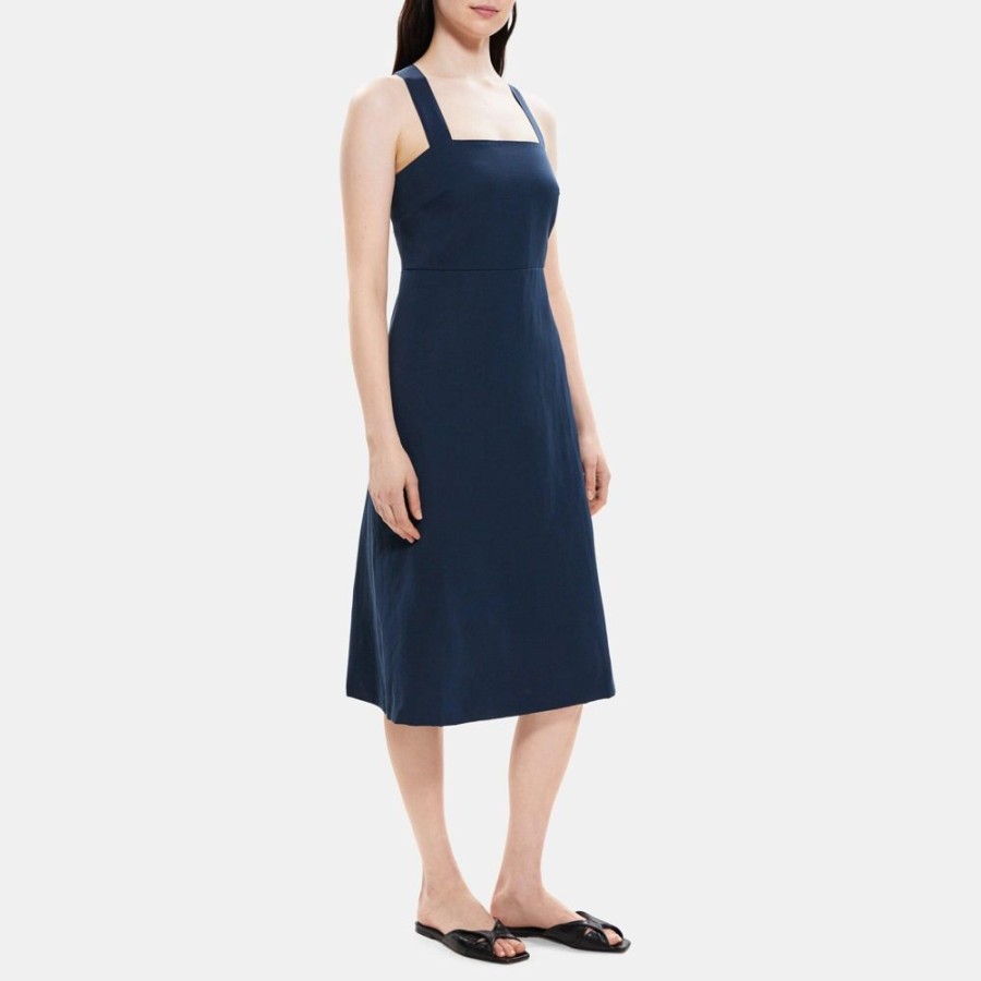 Women Theory Outlet | Crossback Dress In Linen-Blend Deep Navy