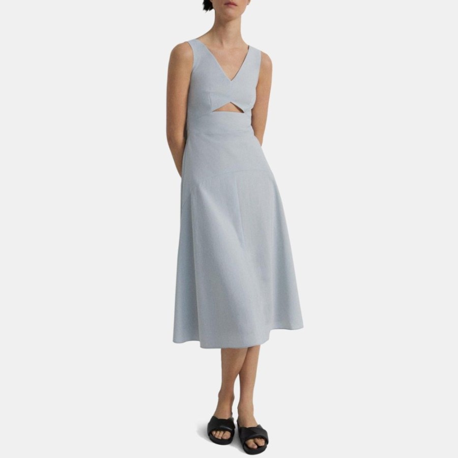 Women Theory Outlet | Cutout Midi Dress In Crisp Poly Harbour