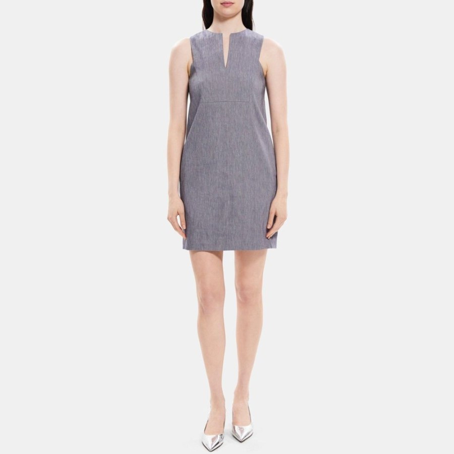 Women Theory Outlet | Slit Shift Dress In Linen-Blend Melange Denim