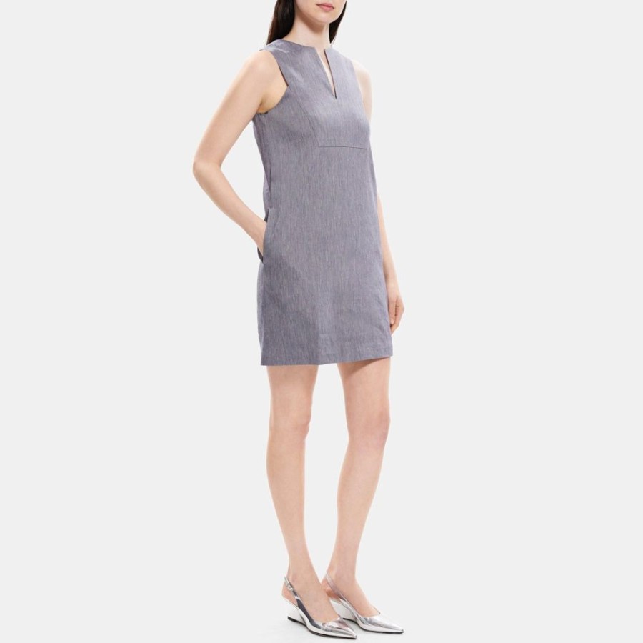 Women Theory Outlet | Slit Shift Dress In Linen-Blend Melange Denim