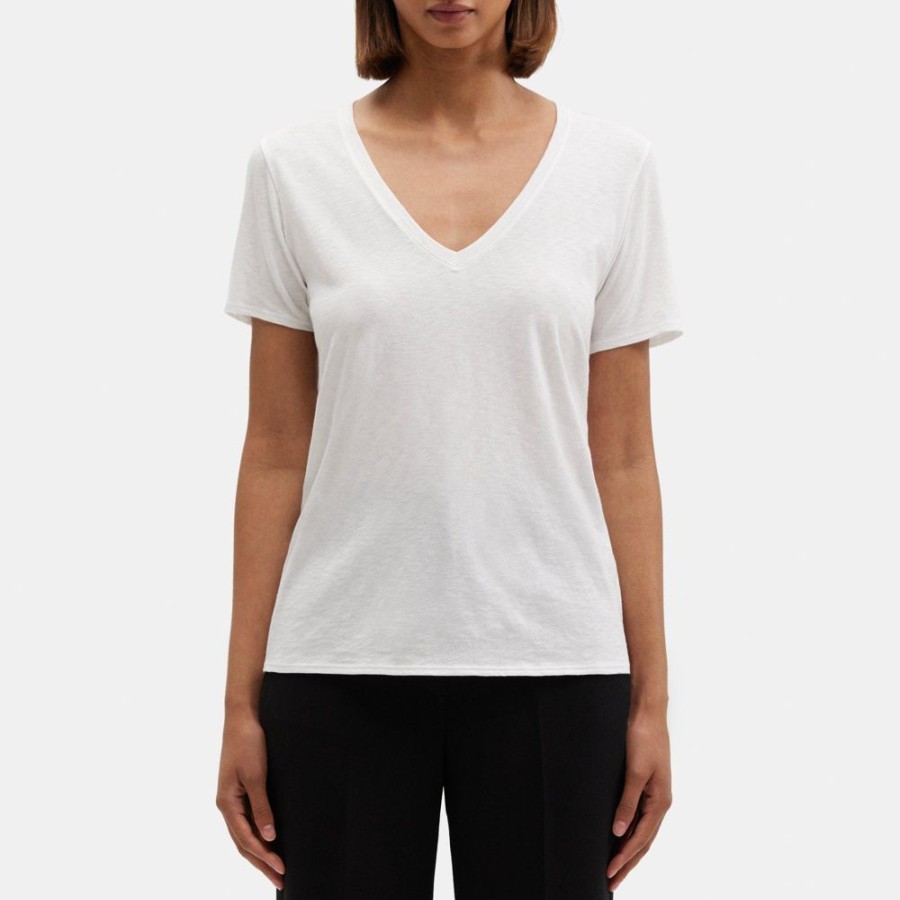 Women Theory Outlet | V-Neck Tee In Slub Cotton White