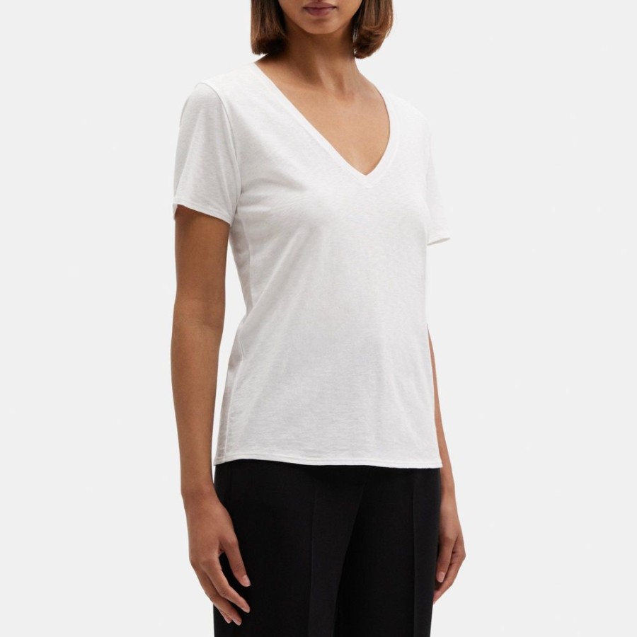 Women Theory Outlet | V-Neck Tee In Slub Cotton White